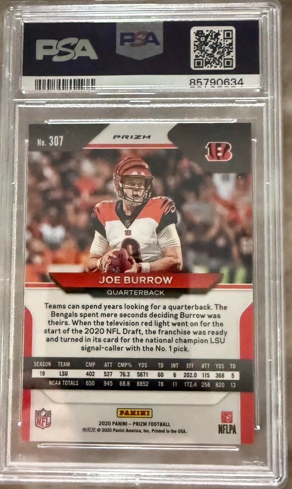 2020 Panini Prizm Joe Burrow Orange Lazer RC #307 PSA 9 Mint Bengals Rookie view 2