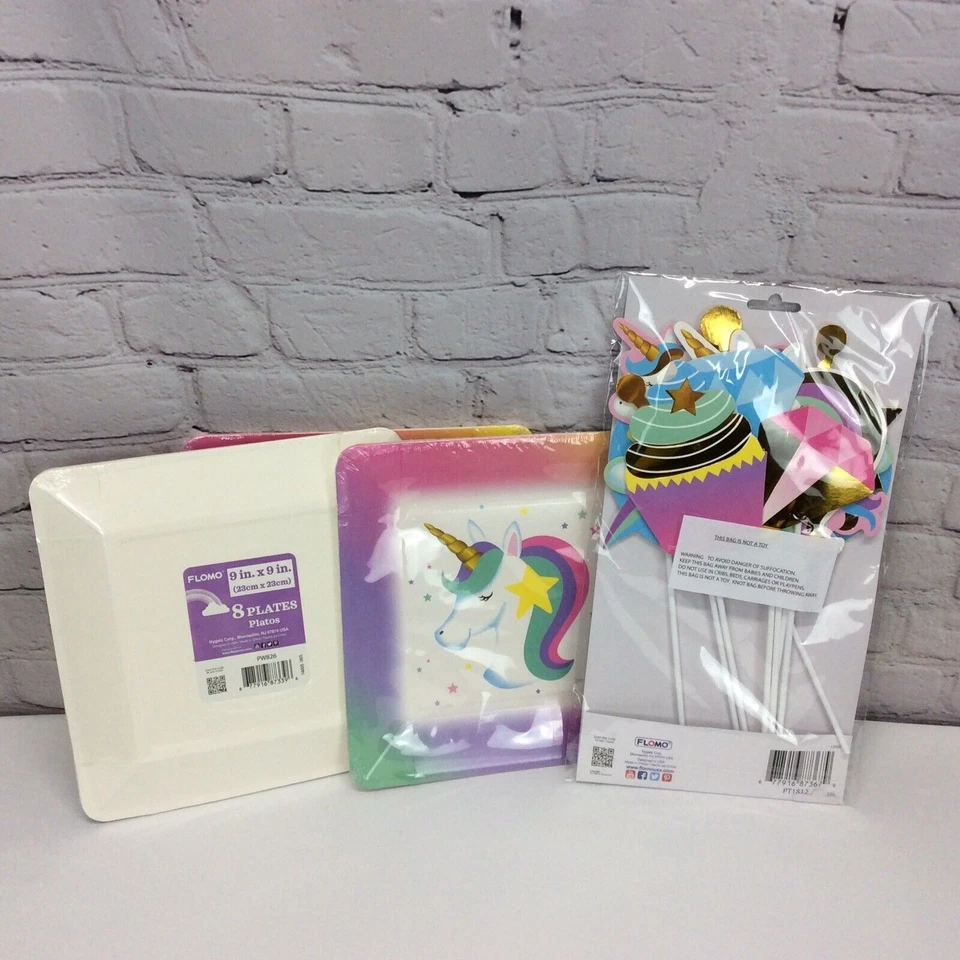 Platos de fiesta de cumpleaños de unicornio arco iris (3 paquetes) y accesorios para cabina de fotos papel brillante Foto 4 de 4