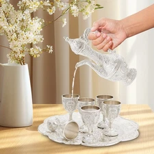 Vintage Teapot Set Zinc Alloy Tea Coffee wine serving w/ Tray+ Teapot +6 Cups