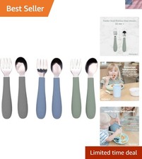 Toddler Utensils, 3 Forks  3 Spoons, 18/8 Stainless Steel  Food Grade Silic...