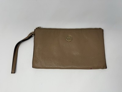 Michael Kors Jet Set Leather Wristlet Clutch Bag Brown Pebbled Gold Logo