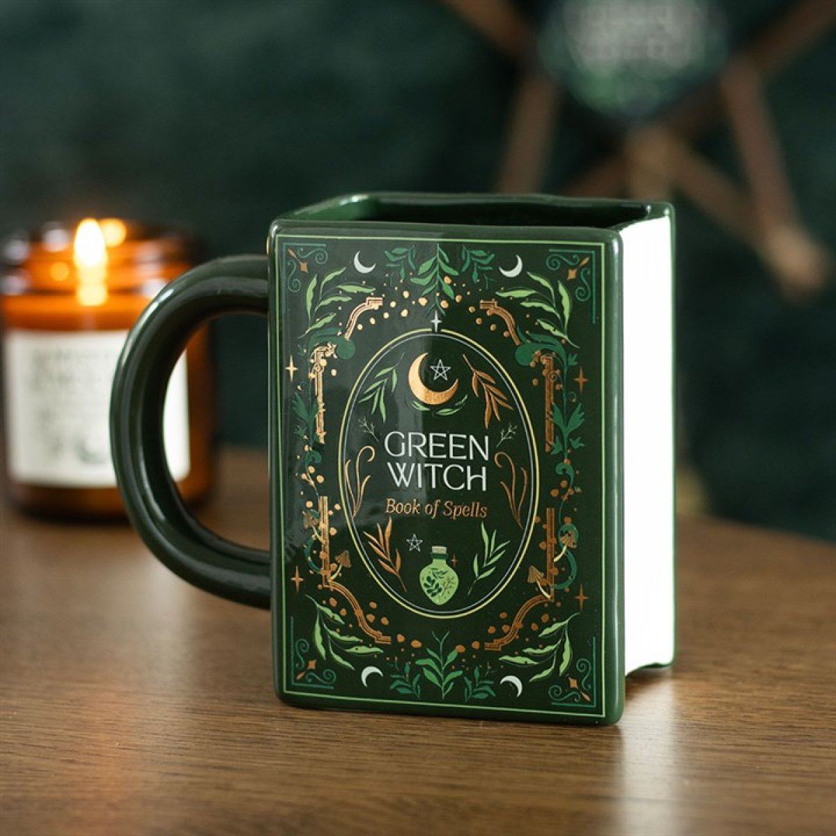Green Witch Gothic Pagan Witchcraft Book Shaped Mug. Book Lover Gift,