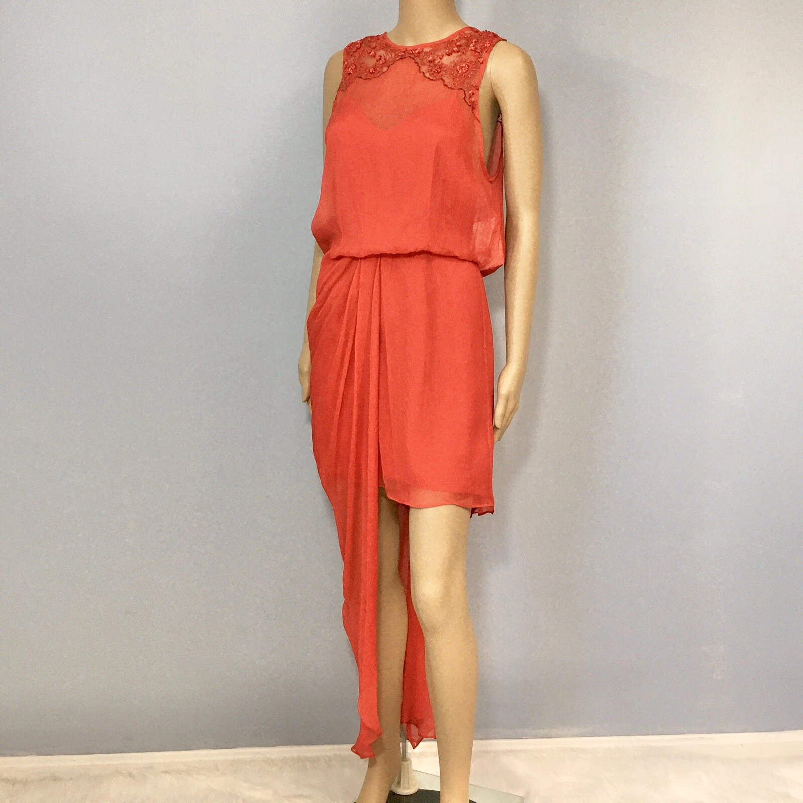 VALENTINO Free People Dress Size 2 Red Beaded Hi Low Draped Chiffon Christmas Holiday