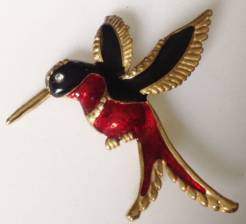 Broche Rétro Perroquet Or Avec émail Et Cristaux - Bijou Vintage En Relief, Occasion