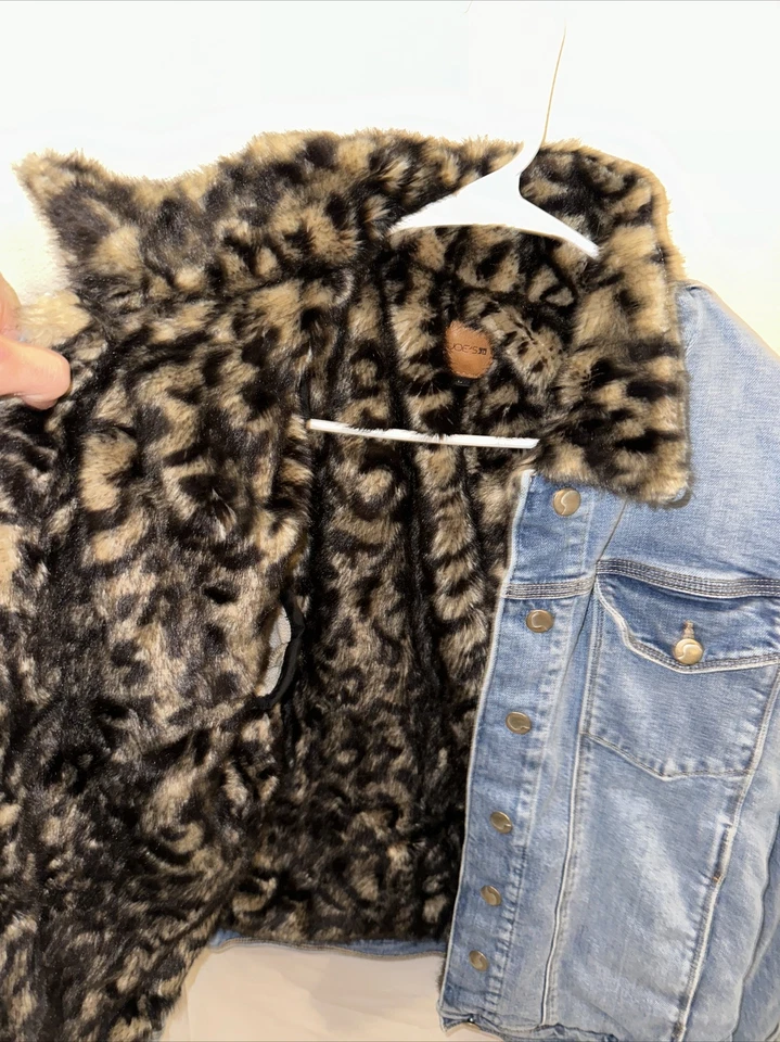 Joe's Jean Coat w/ Leopard Faux Fur Lining & Collar Large - Image 3 of 4