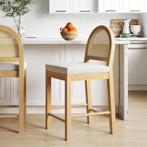 Counter Height Bar Stools All Wood Dining Room Oak Finish Upholstered Rattan Cou - Picture 2 of 17