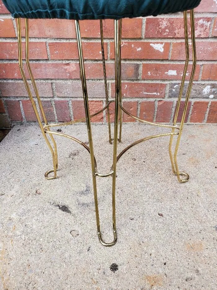 Vintage Vanity Bench Stool Green Padded Upholstery Seat Gold Steel Base - Image 4 of 4