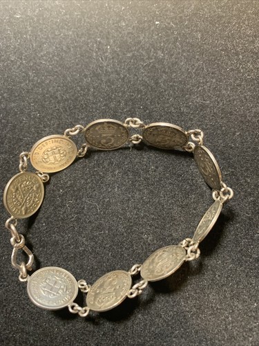 BRACCIALE ARTE TRENCH CON MONETE DA 9 -3 PENCE 1916-1941 - Foto 6 di 6