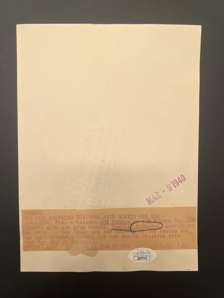 Dom DiMaggio Signed Wire Photo JSA COA 8x6 Boston Red Sox  - Image 2 of 2