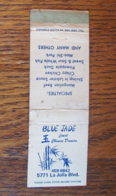 BLUE JADE CHINESE FOOD MATCHBOOK COVER: LA JOLLA, CALIFORNIA 1970s MATCHCOVER A8