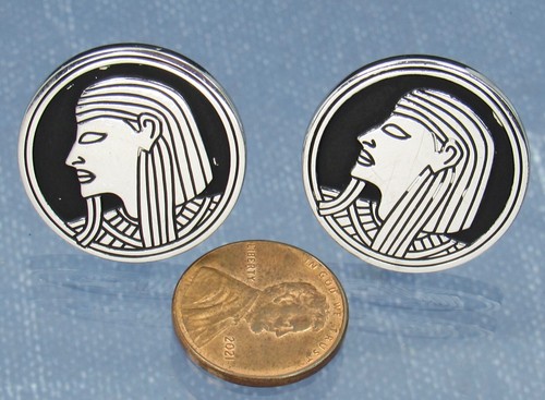 Swank Round Egyptian Revival Cufflinks Silver Tone with Black Vintage - Picture 3 of 7