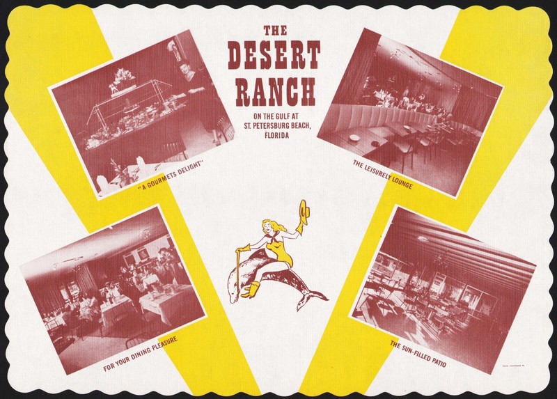 Vintage placemat THE DESERT RANCH girlie on dolphin St Petersburg Beach Florida
