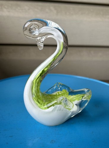 Green Yellow White Swan Hand Blown Art Glass Paperweight Figurine 4"