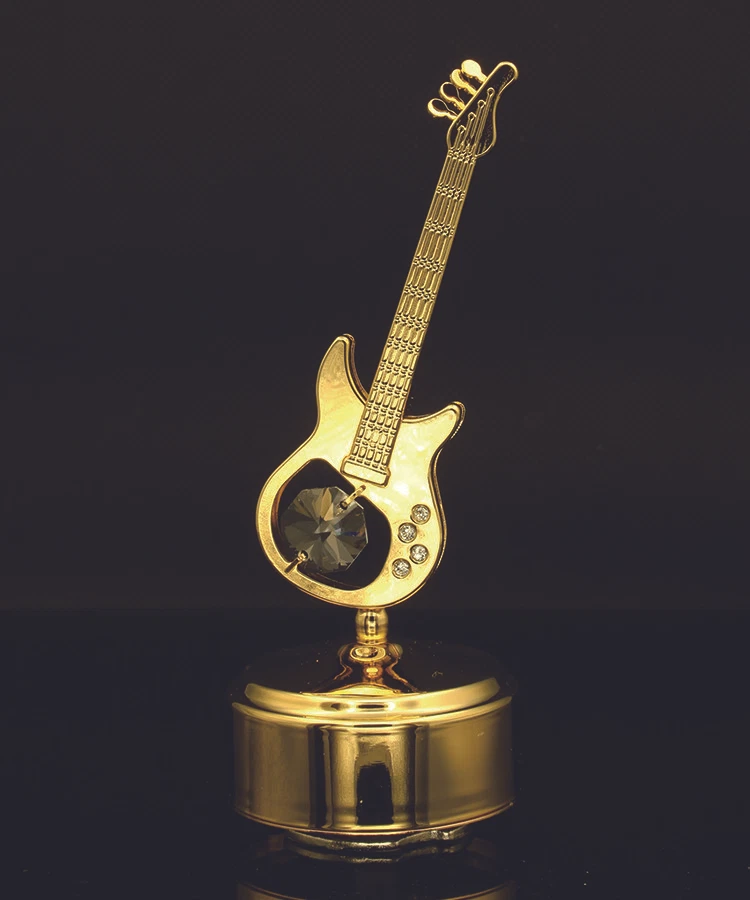 SWAROVSKI CRYSTAL ROTATING ELECTRIC GUITAR MECHANICAL MUSIC BOX 24K GOLD PLATED