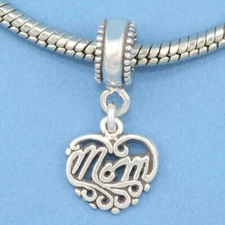 MOM Heart Mother 925 Solid Sterling Silver European Dangle Bead Charm Euro