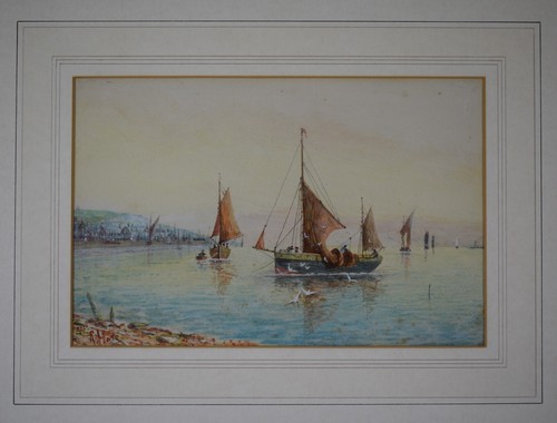 Smacks off Ramsgate. PAIR of watercolours by listed artist Richard Allam, c 1905 - Picture 3 of 12