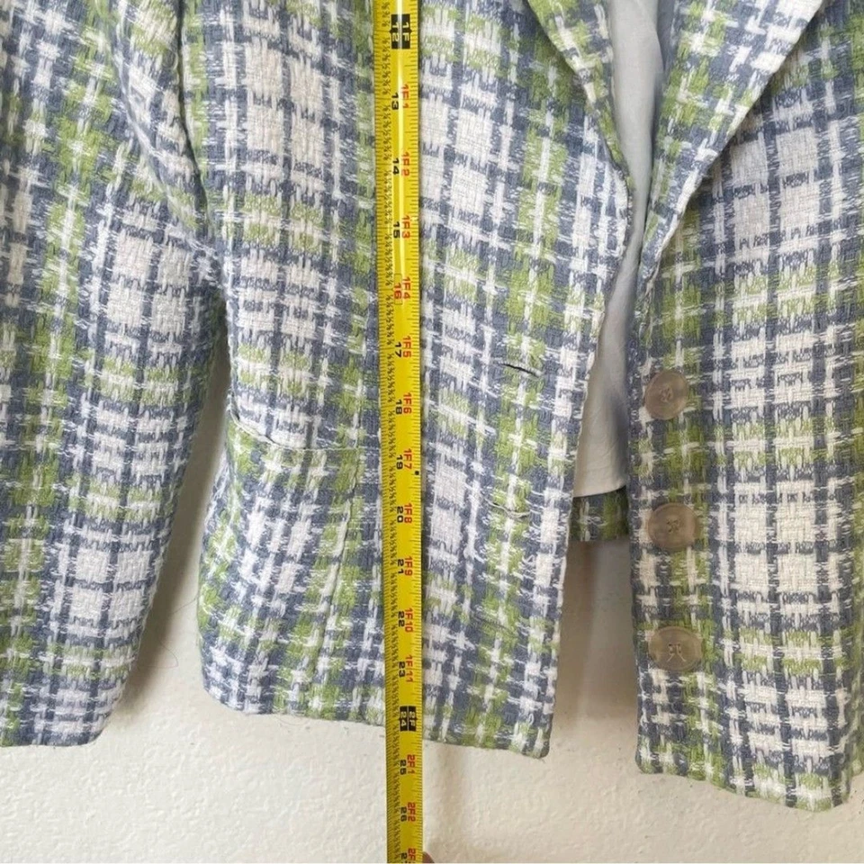 Blazer para mujer a cuadros de tweed de un solo pecho verde pastel azul blanco talla S Foto 4 de 4