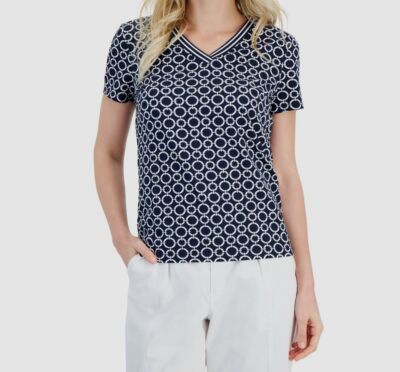 Nautica Jeans Women's Blue Link Circle-Print Stripe-Trim V-Neck Top Shirt Size M