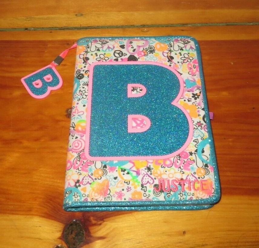 JUSTICE JOURNAL / diary / notebook blue sparkle peace sign INITIAL B