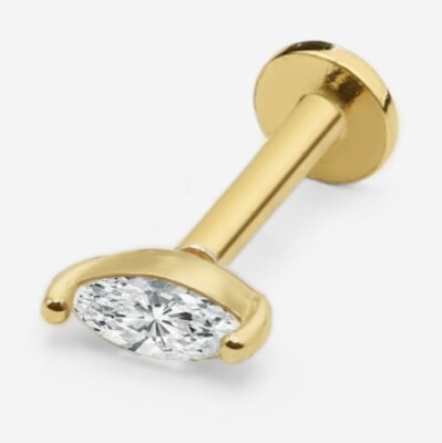 14k Solid Gold Marquise CZ Internally Threaded Labret Stud Earring, 18Gauge