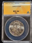1951-D Denver Mint Silver Franklin Half ANACS MS 64 FBL