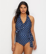 ModCloth NAVY POLKA DOT Reese Halter One-Piece Swimsuit, US Large