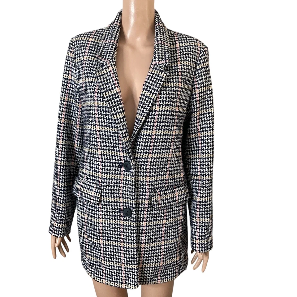 Old Navy Blazer Womens Medium Houndstooth Wool Blend Black White 2 Button - Image 3 of 4