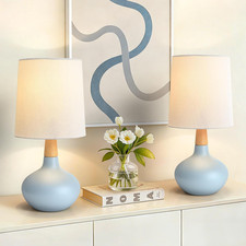 Set of 2 Blue Ceramic Table Lamps with Wood Stem  Linen Shade for Home Decor