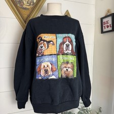 Women s Vintage Dog Pullover Crewneck Sweatshirt Size Large Black Fleece Puppy