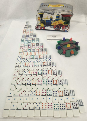 Mexican Train COMPLETE Fundex 2003 Metal Tin Tiles Electronic Hub Dominoes