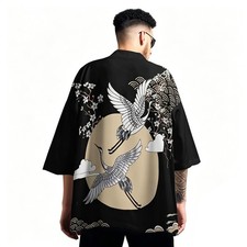 Niepce Men's Japanese Graphic Lightweight Cranes Paradise Kimono Cardigan Shirt