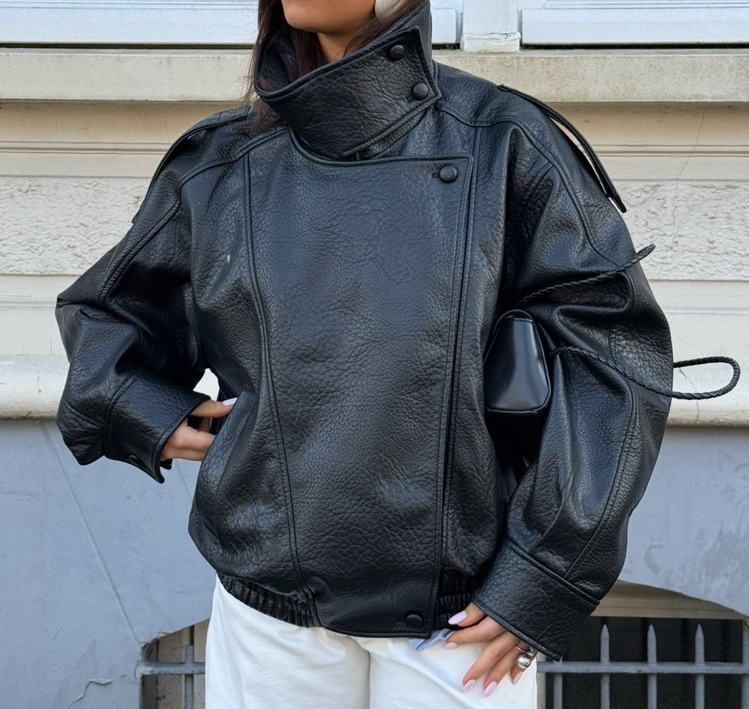 ZARA VIRAL BLACK FAUX LEATHER STAND UP COLLAR TAB SHOULDER BOMBER