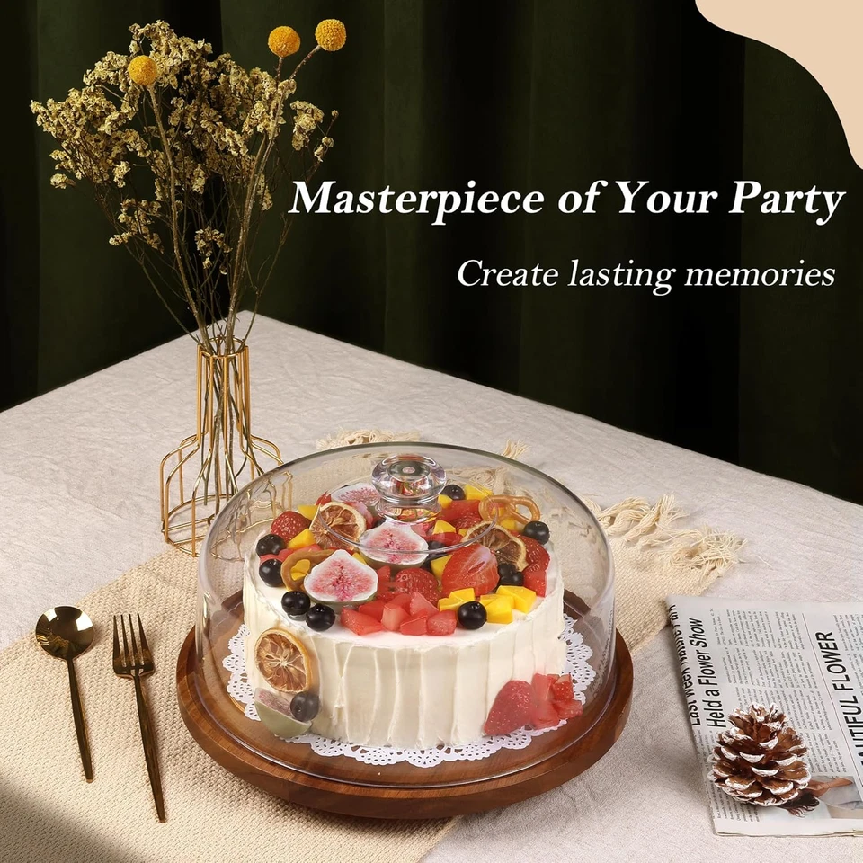 Soporte para Pasteles con Tapa de Cúpula, Plato para Pasteles de Madera de Acacia de 12 Pulgadas con Cubierta, Pastel de Madera Di Foto 4 de 4
