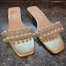 Betsey Johnson Gold Pearl Rhinestone Clear Strap Block Heel Slide Sandals 7.5