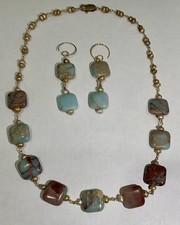 SNAKESKIN JASPER & PEARL ARTISAN NECKLACE EARRING SET LOBSTER CLASP 18 INCHES