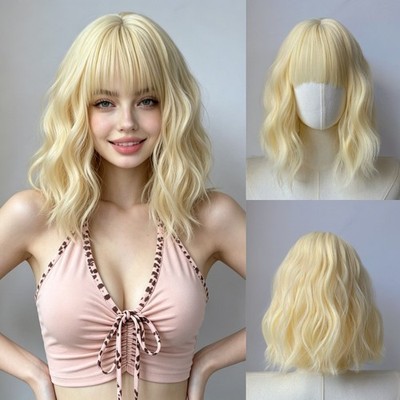 Women Platinum Blond Air Bangs Shoulder Length Short Loose Fluffy Wavy Bob Wig