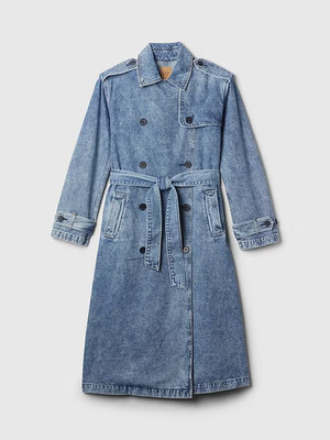 Gap Longline Denim Trench Coat Womens Size Large Notch Lapel Collar Oversized