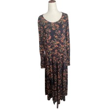Peruvian Connection XXL Black Orange Floral Maxi Dress Boho Lagenlook Artsy