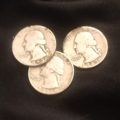 Washington Quarters Silver 1942 1943 1962 Lot of 3 Coins