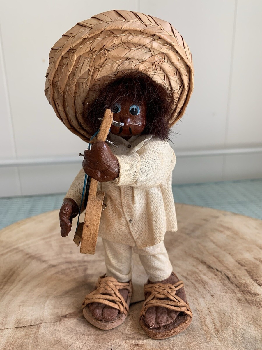 Vintage 60's Mexican Folk Art Boy Doll With Ukulele Or Banjo In