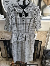 NEW NWT TERI JON black white glen plaid 1/2 sleeve midi dress sz 6