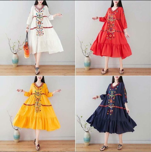Women Vintage Ethnic Mexican Embroidered Cotton Linen Long Boho Loose Dress Hot - Picture 2 of 15