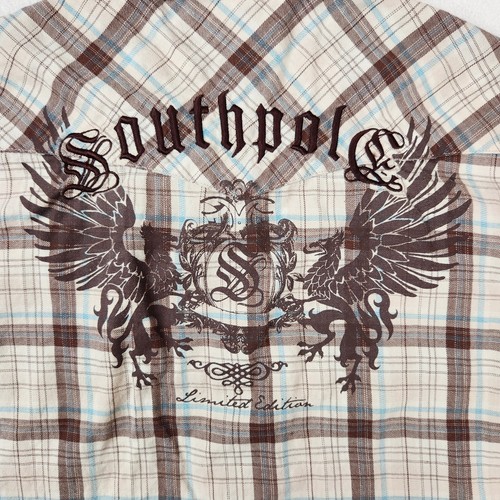 SouthPole Shirt Boys Large 16 - 18 Brown Plaid Embroidered Short Sleeve Button - Picture 2 of 11