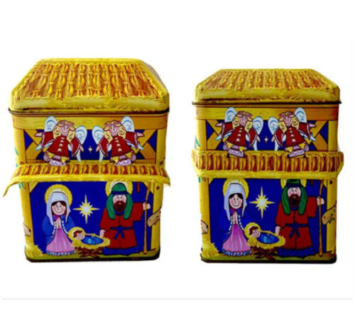 COLLECTIBLE CHRISTMAS NATIVITY STABLE CANDY / COOKIE TIN 3" X 5" X 6" ADORABLE - Afbeelding 1 van 10
