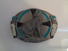 RARELY USED, VINTAGE WOLF DESIGN 3 DIMENSIONAL PEWTER BELT BUCKLE BY SISKIYOU
