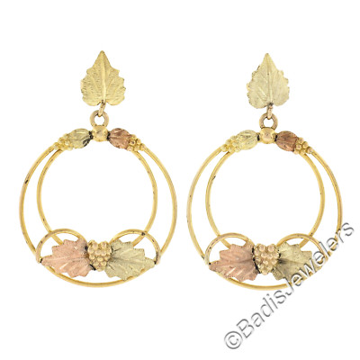 10k Two Tone Gold Etched Textured Grape Leaf Open Circle Drop Dangle Earrings