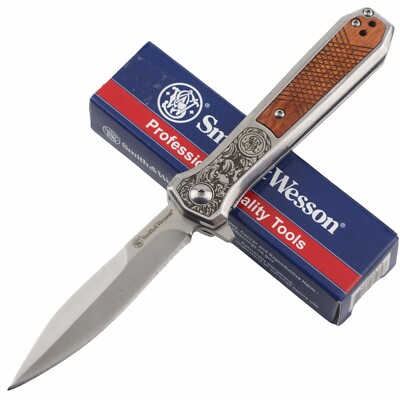 Smith & Wesson S&W Unwavered Linerlock Folding Knife Brown Wood Inlay A/O