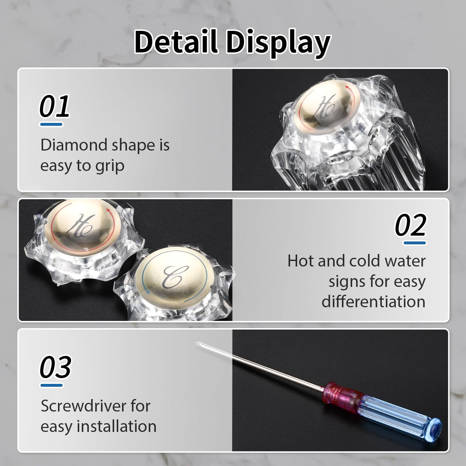 	Bathroom Faucet Knobs Replacement Hot & Cold Handles with Screwdriver for De...