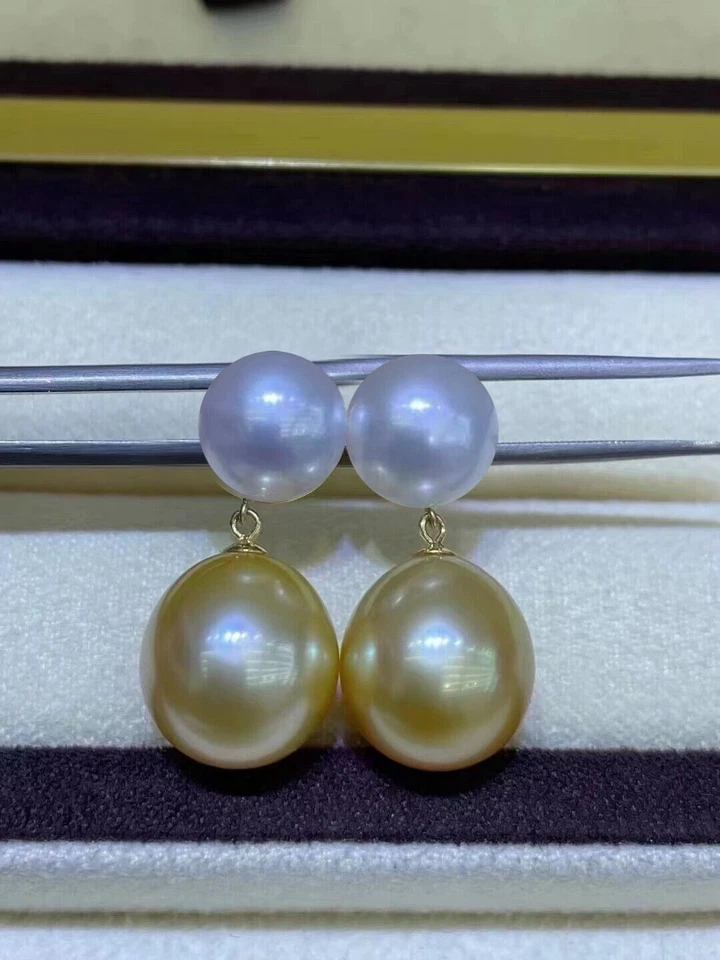 Adorable 7-6mm White + 10X12mm Golden South Sea Pearl Earrings 14k Gold P Stud - Image 4 of 4
