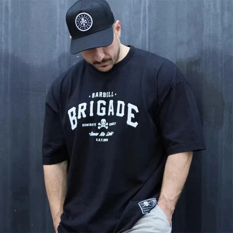 Oversized Loose Fit Printed Gym T Shirt For Men Cotton Casual Tees For Summer